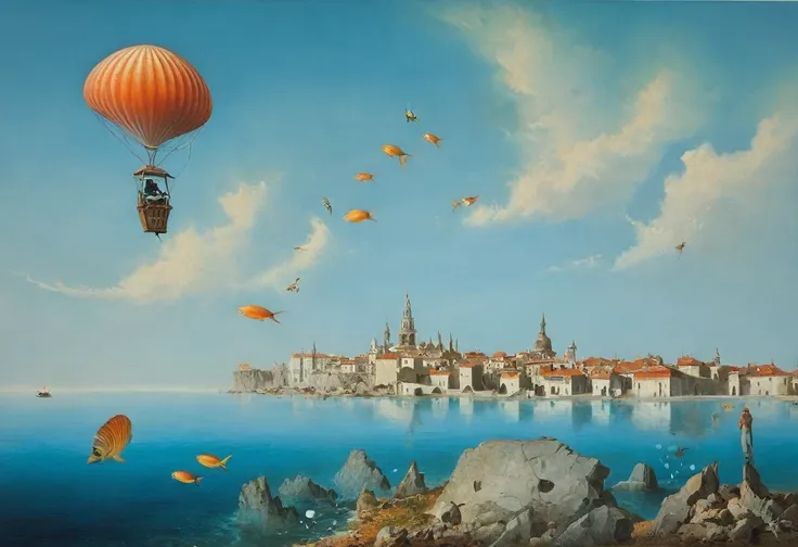 Magical Painting, Surrealism, chaos、Avant-garde, Abstraction, Optical illusion, Optical Effects in Painting, Mix and match styles, Hidden Meaning, Oil painting、Investors in business suits and carrying briefcases are flying。, Colorful shells, Ray, Flying fi...