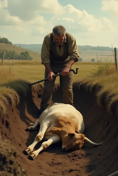 He started putting soil on it with a spade. On cow in pit fall