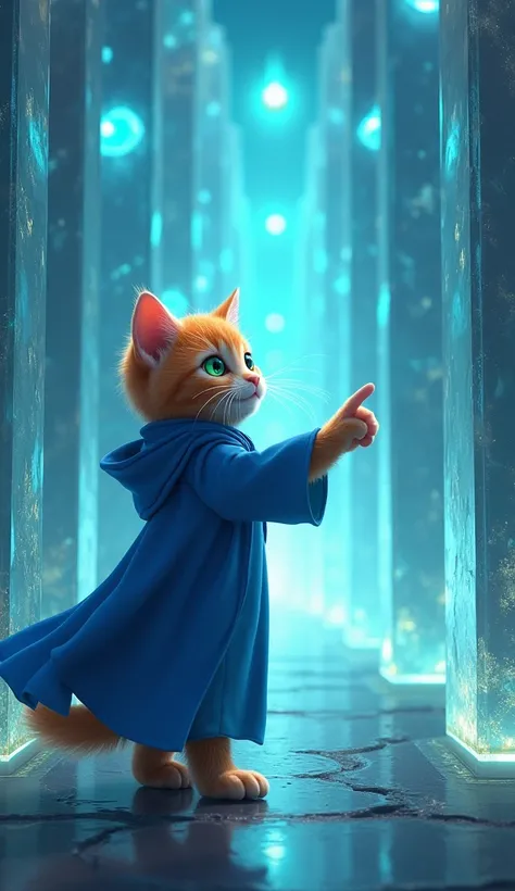 Create a realistic rendering of a kitten in a maze of glowing crystals. The crystal walls shone like gemstones, reflecting magical light. Toto, an orange male kitten with brilliant green eyes, wearing a long blue robe excitedly pointed towards facing a bri...