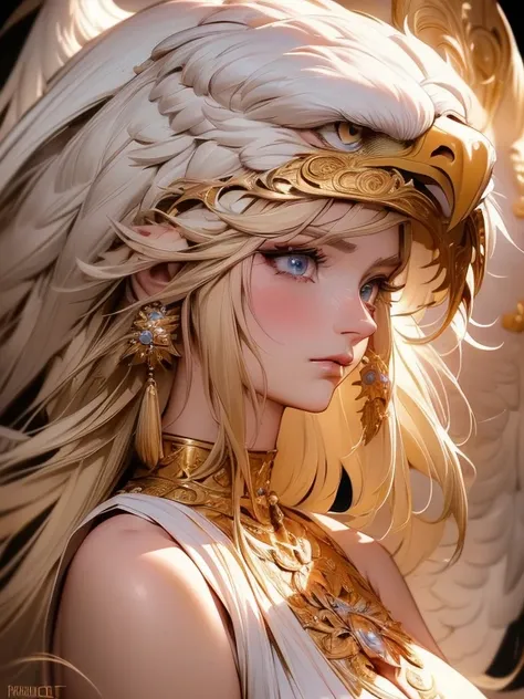 a humanoid eagle with large breasts , medium shot angle, detailed intricate fur, beautiful detailed eyes,beautiful detailed nose...