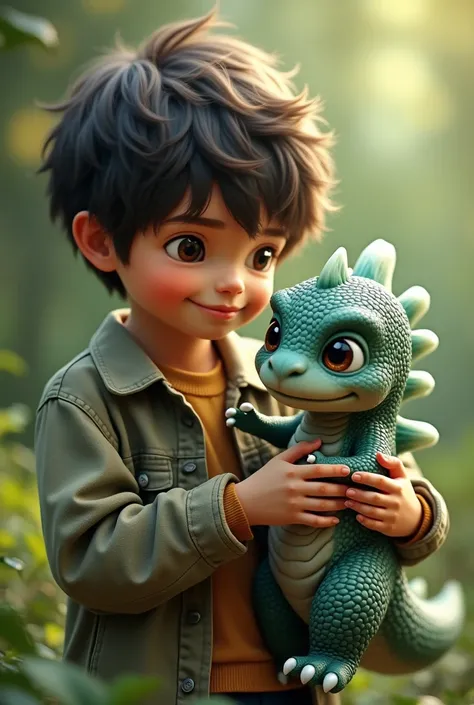 A boy holding an looking real Godzilla cute baby with two fingers