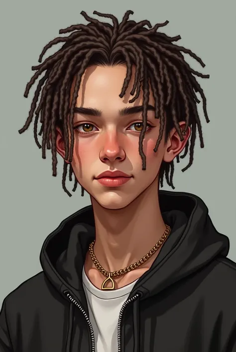 draw a 1 with a little wider face. He aint wearing a beard and has a white skincolor. Make him german, with brown eyes and hair and draw him short hair dreads that are hanging down to the length of his nose. Make them look the same as the german rapper "ne...