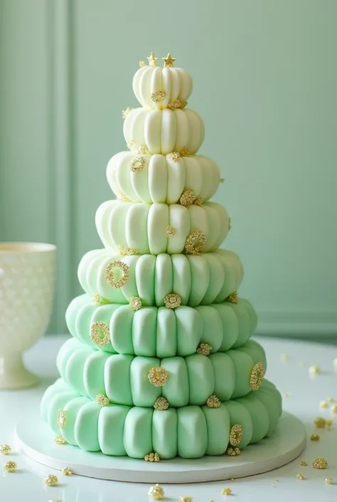 Pastel green gradient pastry truffle tower with gold rhinestones, decoration for event tables