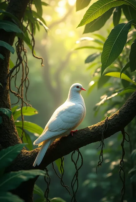 One white dove sitting in the middle of the jungle on the tree