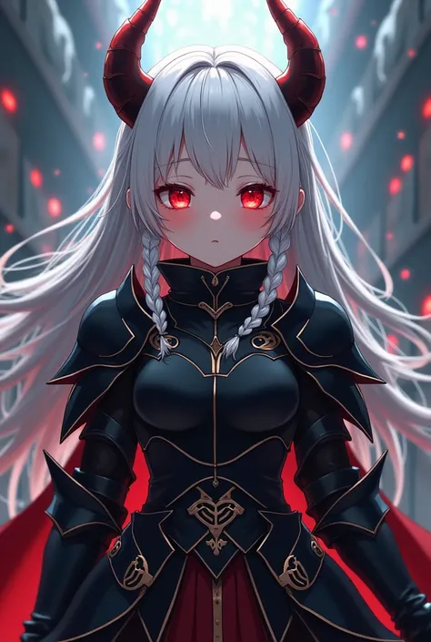 Anime, girl, cute, petite, demon, full plate armor, black armor, white hair, red eyes, braids, long hair