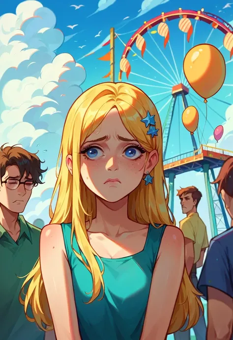 A girl with yellow hair is looking at people at an amusement park.,  Amusement park , lots of balloons、the Ferris wheel、merry-go-round、rollercoaster,sad