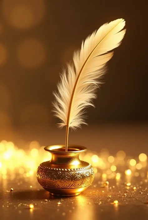 light golden feather pen dipped in golden ink pot
