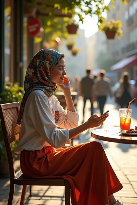 A very beautiful Russian model girl, with a thin face, tall body, was sitting in a cafe chair, her bright smile contrasting with the colorful hijab that framed her face. He wore a long-sleeved t-shirt covered in murals of cartoon characters, adding a touch...