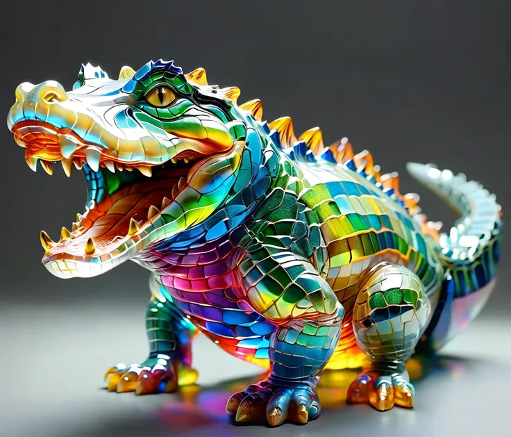 gl4ssj3m, (chubby, male, crocodile), transparent glass sculpture, vibrant colors, done by artists such as ruan jia, hires textur...