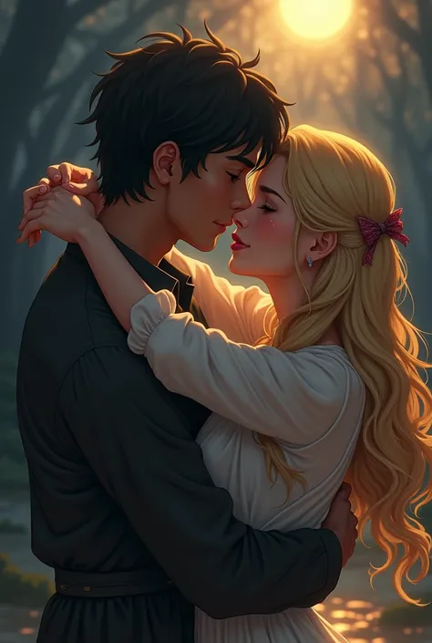 make me a scene of 2 mortal villager lovers in a myth that are look like anime with realistic proportions: the girl is blonde with fair skin and the boy is moreno with black hair. theyre both 20+ years old. make the scenery look dark (because the girl save...