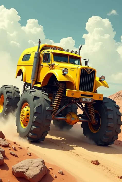 there is a yellow Monster Truck driving on a dirt road, Monster Truck, Monster Truck rally, Vehicle illustration, Anime Art Vehicle Concept Art, Vehicle concept photos!!, Car Concept Art, Mad Max style, Alien racer, 3d icons for mobile games, Off-road, Mad...