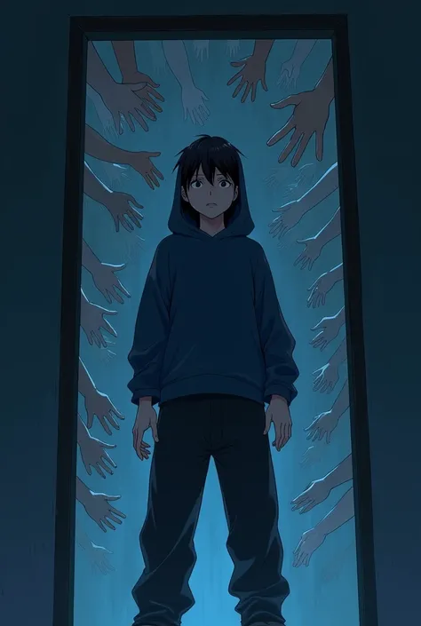 It creates a depressed  teenager being pulled through a door full of hands symbolizing guilt, midnight blue hoodie, loose black pants (anime version)