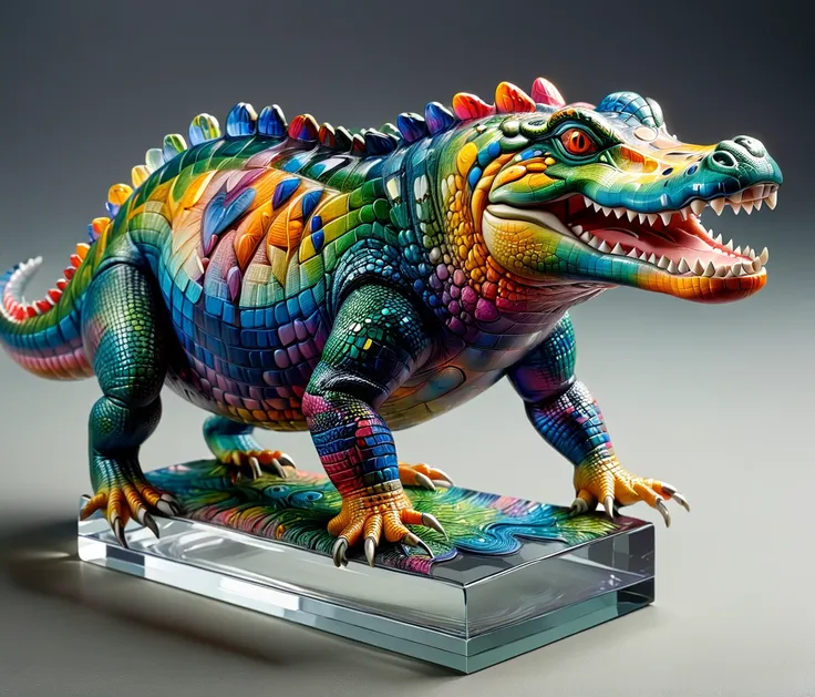 (chubby, male, crocodile), transparent glass sculpture, vibrant colors, highly detailed, intricate details, best quality, master...