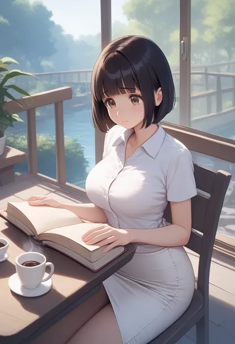 score_9,score_8_up,score_7_up,masterpiece,highest quality, source_anime, realistic, super detailed, extreme detailed, rating_safe, 
1girl, reading a book, 
BREAK girl, 22yo, short hair, bob cut, (blunt bangs), black hair, (tareme, detailed cute brown eyes)...