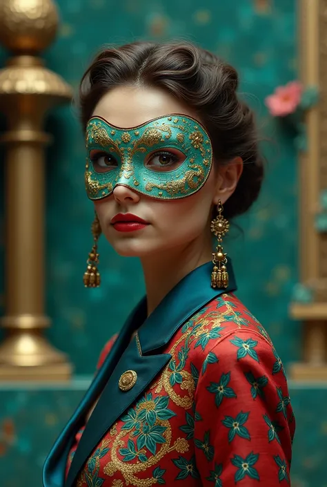 An Award-Winning Masterpiece, (photo realistic) photograph, vogue, mid-modern luxury, very detailed, a woman wearing an elaborate mask around her face, in the style of ray tracing, cloisonne, turquoise and gold, miniature sculptures, impressionistic venice...