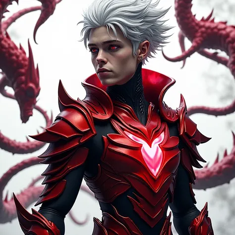 A teenage boy with white hair and crimson eyes with red metallic tails and crimson armor 