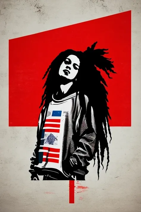 A background filled with Japanese flag in various sizes and colors、
Creative logo illustration of a silhouette with dreadlocks and red headphones, 
Banksy、
A background completely filled with scattered musical notes in various sizes and colors, covering th...