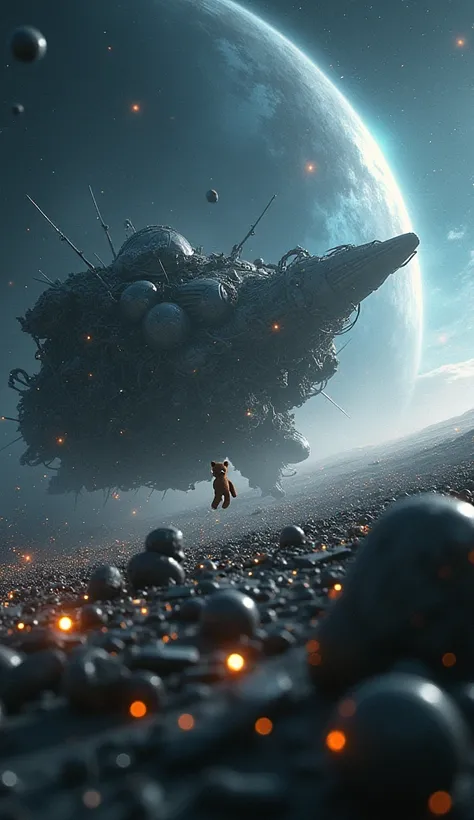 sci-fi, outer space, wreckage of a crashed spaceship, debris, a teddy bear flies between them, High Resolution, Masterpiece, Wide Shot, Sparkle, Lens Flare, Bokeh, Ray Tracing, Cinematic, 