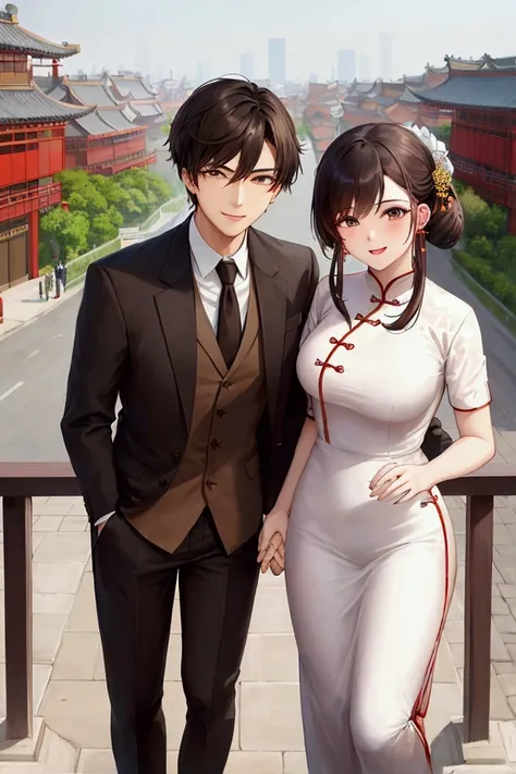 The picture is 1 handsome young man wearing a polite cream colored shirt and brown trousers along with 1 beautiful young woman wearing a traditional Chinese hanfu. Behind it there is a view of Chinese city buildings and traditional Chinese buildings. The v...