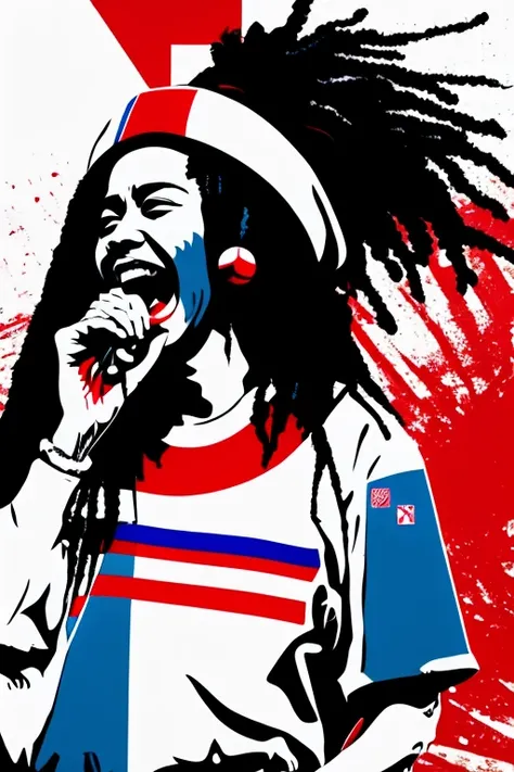 A background filled with Japanese flag in various sizes and colors、
Creative logo illustration of a silhouette with dreadlocks and red headphones, 
Banksy、
A background completely filled with scattered musical notes in various sizes and colors, covering th...