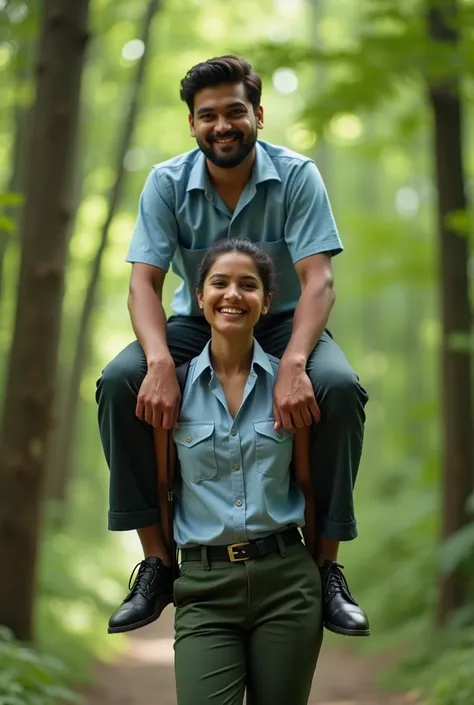 Create a realistic photograph of a smiling and beautiful  Indian college woman in uniform carrying a tshirt wearing large stout man on her shoulder , in a green forest, man is sitting on top of her shoulder, man on top, woman standing at bottom 