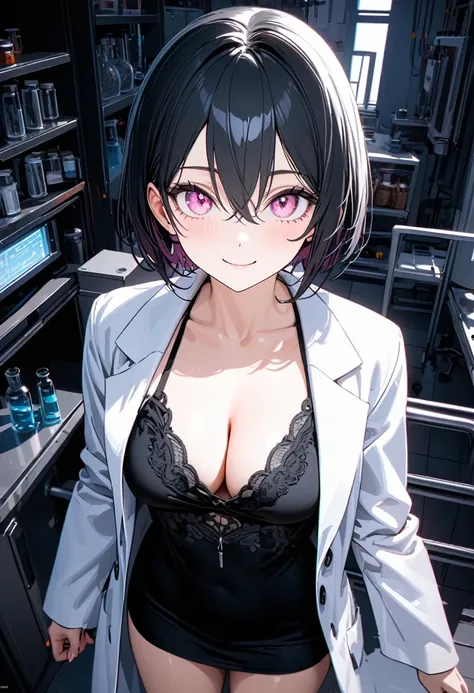 best quality,insanely detailed,8k,detailed background,detailed eyes,detailed face,lab,1 girl,scrawny,wear white lab coat,large breasts,((shortcut)),deep black hair,cleavage,(cowboy shot),black negligee,heels,pink eyes,hairs between eyes,focus on face,big e...