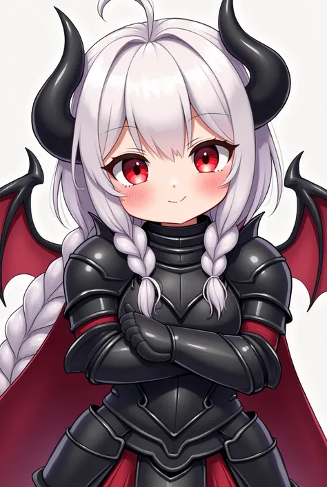 Anime, girl, cute, petite, demon, full plate armor, black armor, white hair, red eyes, braids, long hair, black wings, cute art style, teen