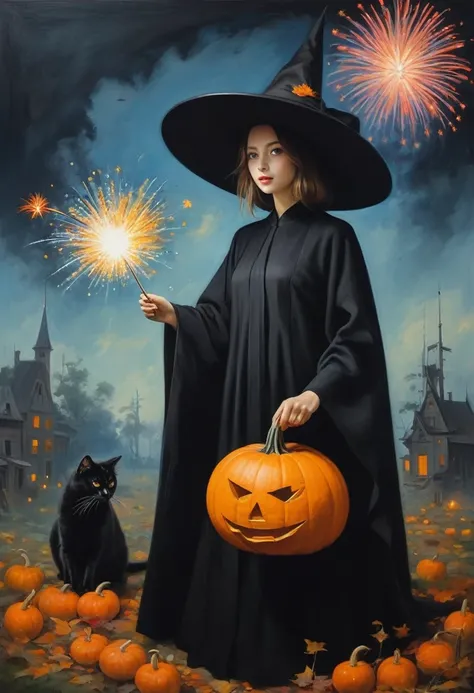 Magical Painting, Surrealism, chaos、Avant-garde, Abstraction, Optical illusion, Optical Effects in Painting, Mix and match styles, Hidden Meaning, Oil painting、A black mage girl wearing a black robe and a wide-brimmed hat used magic to send pumpkin firewor...