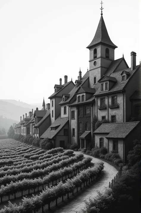 Skyline of a village, side view only, everything in black, old houses, big church, vineyards 