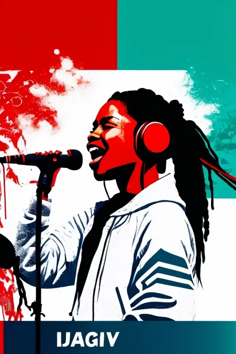 A background filled with Japanese flag in various sizes and colors、
Creative logo illustration of a silhouette with dreadlocks and red headphones, 
Banksy、
A background completely filled with scattered musical notes in various sizes and colors, covering th...