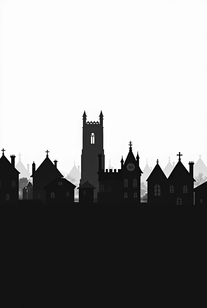 Skyline of a village, side view, alone in a row, everything in black, old houses, big church, 