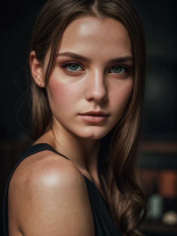 Young Beautiful woman, (Dark waist length long flowing hair), right side hair part, Flowing sleeveless Dress, (close-up, editorial photograph), [[Wide-angle photo]], (background inside dark, moody, private study:1.3), full body portrait, by lee jeffries, n...