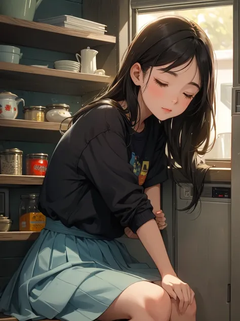 When the door of a retro household refrigerator is open, a female junior high school student is sitting at the back of the shelf hugging her knees, with her head down and her eyes closed, facing sideways。Photo-like digital art with realistic details。