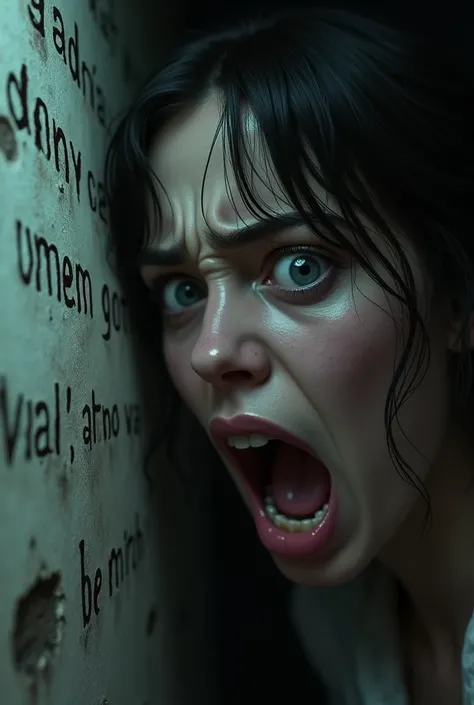 Close-up of Emma’s terrified face as she reads the ominous writing on the basement wall.