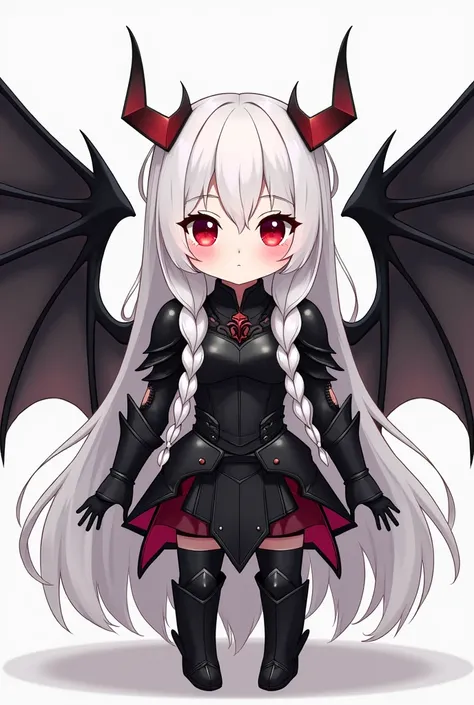 Anime, girl, cute, petite, demon, full plate armor, black armor, white hair, red eyes, braids, long hair, black wings, simple art style, armor skirt