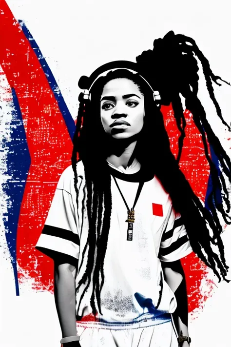 A background filled with Japanese flag in various sizes and colors、
Creative logo illustration of a silhouette with dreadlocks and red headphones, 
Banksy、
A background completely filled with scattered musical notes in various sizes and colors, covering th...