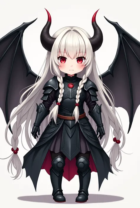 Anime, girl, cute, petite, demon, full plate armor, black armor, white hair, red eyes, braids, long hair, black wings, simple art style, armor skirt