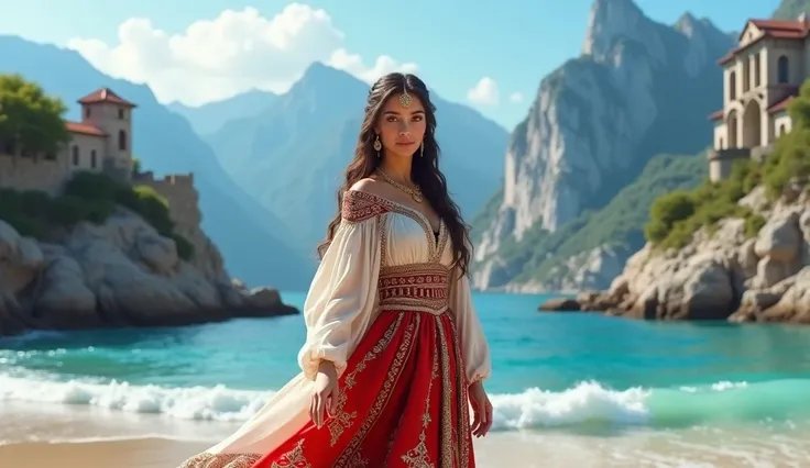 A coastal princess in traditional Albanian dress, standing near the beaches of the Adriatic Sea, with ancient castles and rugged mountains rising in the background.