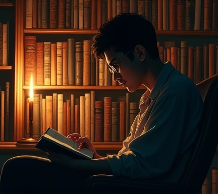 A mysterious poet, with depression, wearing glasses, in a dark room surrounded by books, lit by candlelight, beautiful photorealistic illustration, intricate details.