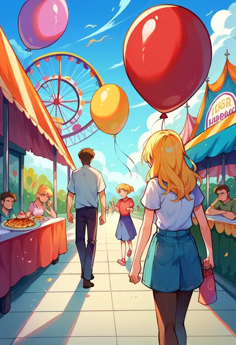 A girl with yellow hair is looking at people at an amusement park.,  Amusement park , lots of balloons、the Ferris wheel、merry-go-round、rollercoaster,sad, dinner , dark, awesome, Walking