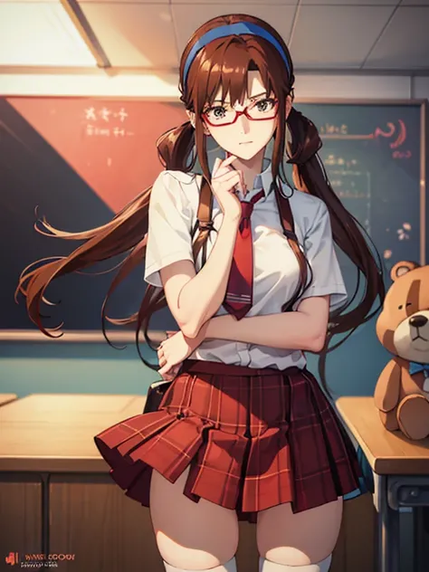 1girl, ((fall on ones butt with open legs:1.2, She shyly holds down her skirt:1.2, Embarrassed look)), Lucky Happenings, ((In the classroom)), BREAK. Mari Makinami, blue big eyes, brown hair, thick red rimmed glasses, headband, twintails, dress shirt, plai...