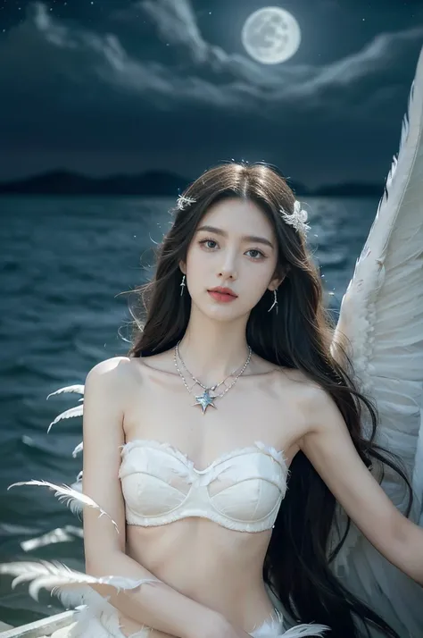 (((best quality))),(((ultra detailed))),(((masterpiece))),illustration,((1 beautiful girl, mysterious siren,solo)),mythological creature,beautiful eerie, captivates attention,((earrings,crystal necklace)),((slim,thin)),(shoulder length bob hair swaying:1.3...