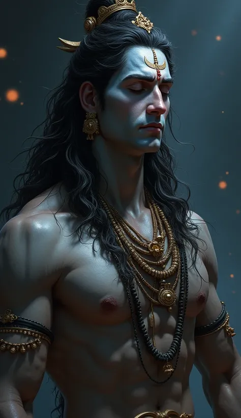 painting of Lord Shiva, the Hindu deity. He should have a serene expression with eyes half-closed, a muscular build and long matted hair. Adorn him with intricate jewelry and a crescent moon on his forehead. The background should be dark and atmospheric, w...