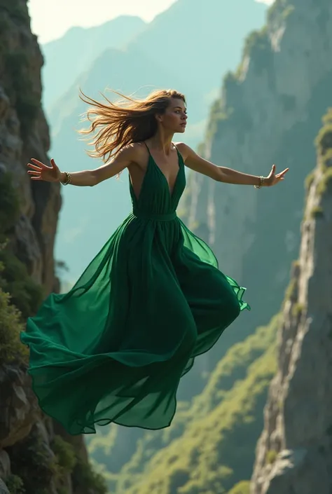 A 20 years girl wearing long green frock falling down from mountain accidentally and she was so scare middle of the air
