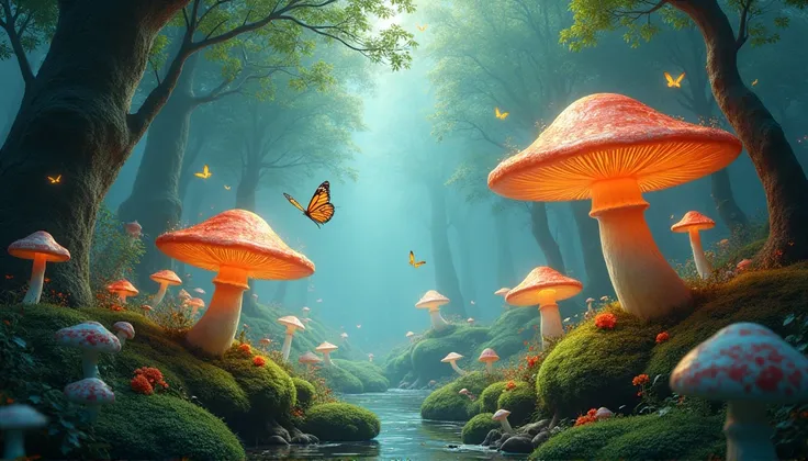 (Meilleure qualité,ultra-détaillé),forêt de champignons, éthéré,forêt enchantée, champignons rougeoyants,arbres qui chuchotent,ambiance mystique,la douce lumière du soleil filtre à travers les feuilles,couleurs oniriques,art fantastique,capricieux,mythique...