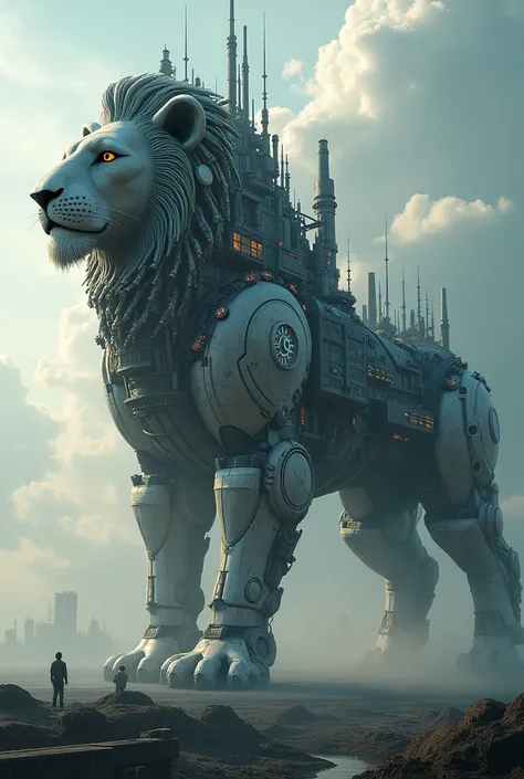 "A giant mechanical lion with its body resembling a city. The animals form is constructed from various urban elements such as skyscrapers, buildings, roads, and bridges. Its legs are made of towering structures, while its back is covered in dense cityscape...