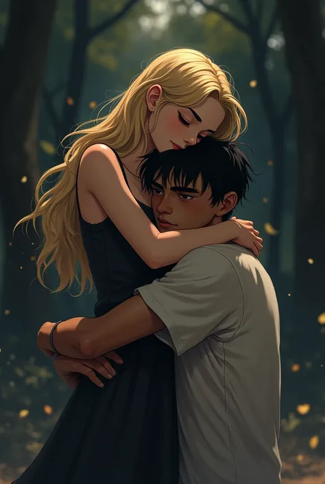 make me a scene of 2 mortal villager lovers in a myth that are look like anime with realistic proportions: the girl is blonde with fair skin and the boy is moreno with black hair. theyre both 20+ years old. make the scenery look dark (because the girl save...