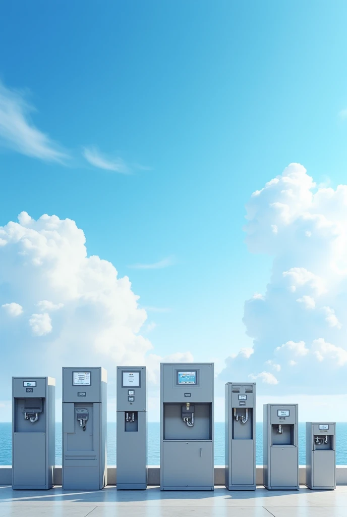 Many commercial Waterpurifier and RO machines and water dispencers aligned  in the background of blue and white sky