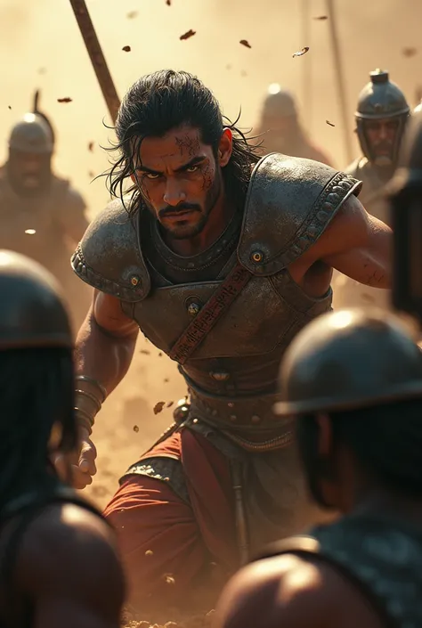 A close-up scene where Abhimanyu is surrounded by multiple warriors attacking him from all sides. His armor is dented, and his face shows signs of exhaustion, yet his spirit remains undaunted. The enemies look grim as they fight unfairly. Dust and debris f...