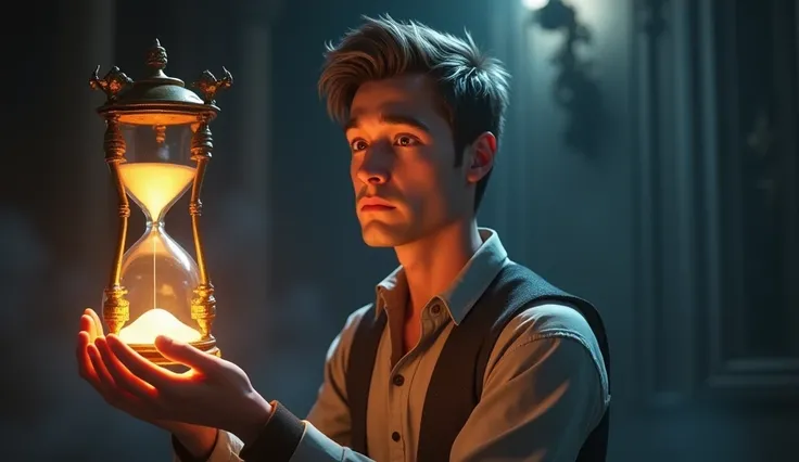 A young middle age man holding a magical hourglass that is almost empty, 3d animation, ultra realistic image